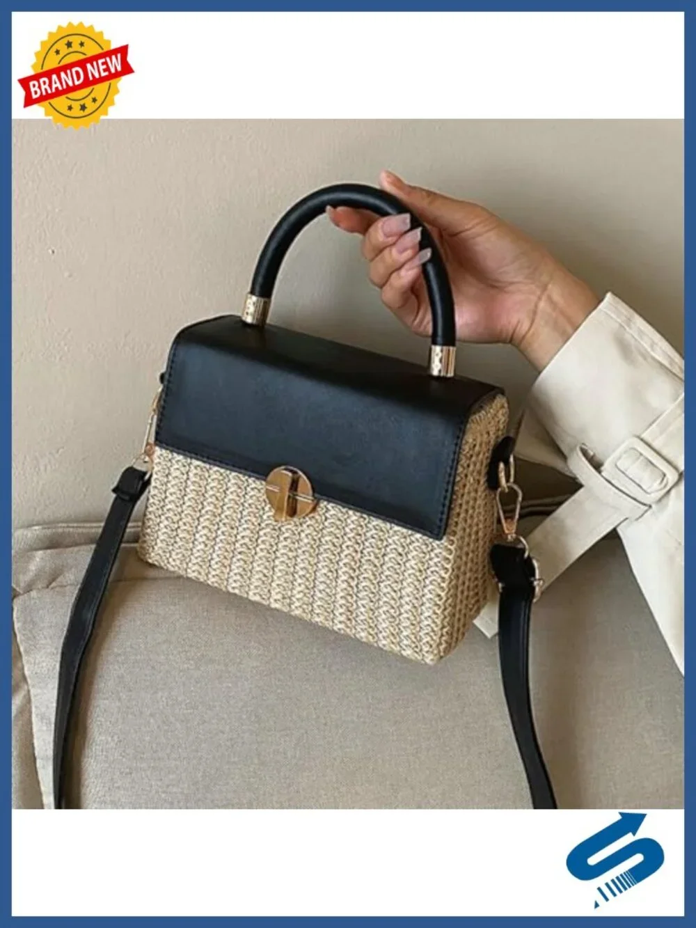Woven Straw Crossbody Bag Women PU Leather Flap Box Purse Mini Satchel Travel